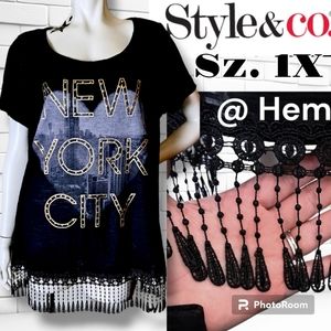 Style & Co. NYC Love Unique Black Embroidered Hem, Gold Studded Lettering Sz 1X